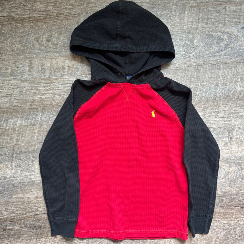 Polo Ralph Lauren Waffle Knit Hoodie Size 7 Regular Red Black Raglan Pony Logo
